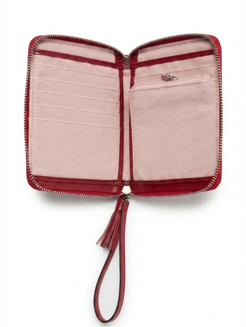 Coach Beige Signature Canvas Wallet with Pink Trim and Tassel Wristlet - Picture 2 of 3